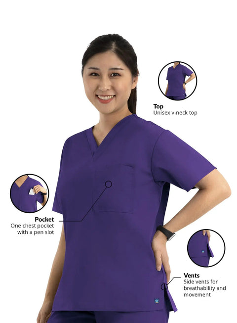 Core Unisex V Neck Top Purple With Soft Polyester Cotton Blend For All Day Comfort Tagless Design One Chest Pocket With Pen Slot