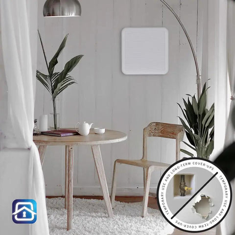 No Sweat Easy Patch Wall Repair Access Panel Instantly Conceals Drywall Holes Up To 7 5 Inches in a cozy living room setting.