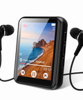 64GB MP3 Player With Bluetooth 5.3 And 1.8 Inch Touch Screen, black device with wired earbuds, displaying music interface.