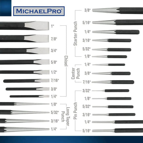 27 Piece Punch And Chisel Set With Center Punches Pin Punches Long Taper Starter Punches Chisels Gauge And Tool Pouch In Heavy Duty CR-V Steel For Pros And DIYers, showing various sizes