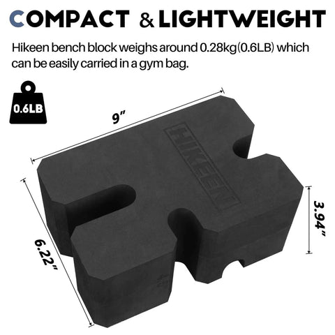 Compact, lightweight bench press block with dimensions 9"x6.22"x3.94", 0.28kg weight. Bench Press Block For Safe, No Nonsense Training On Flat And Incline Sets.