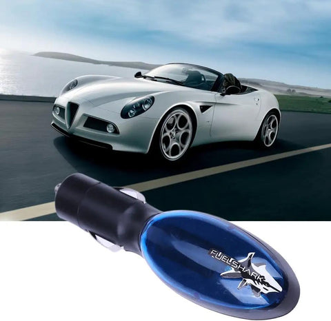 Gas Saver Fuel Device Plug In Portable Spill Saver for cars and trucks shown with a sleek car on a coastal road