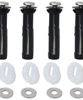 Universal Toilet Seat Bolt Set Four Pack With Easy Tool Free Installation Replacement Mounting Hardware Kit For Most Toilet Seats Durable Stainless Steel Screws Quick Secure Fit No Tools Needed showing four bolts, washers, and covers.