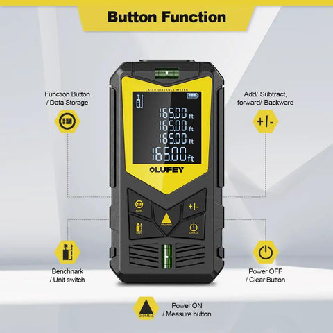 165ft Laser Distance Meter With Dual Bubble Levels And Black LCD Display Pythagorean Mode For Quick Distance Area And Volume Measurements A Handy DIYer And Pro Friendly Measuring Tool, button layout view