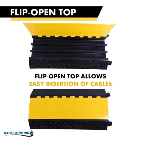 Tough As Nails Heavy Duty Cable Protector Ramp 3 Channel 1 Piece 36 Inch Long Black And Yellow Cord Cover With 44000 Lbs Capacity Rubber Speed Bump Wire Protector For Safe Driveways And Worksites MUTCD OSHA Compliant with flip-open top feature