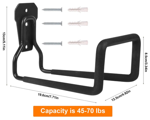 Heavy Duty Metal Garden Hose Holder Wall Mounted Outdoor Water Hose Reel Rust Proof Steel Hanger with screws and specifications.