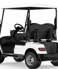 Smooth Ridin Dual Lithium Powered Golf Carts Two Seater With Built In Insulated Coolers Pro Grade Portable Lightweight Beginner Setup For Every Fairway rear view of white golf cart with a black interior and roof.
