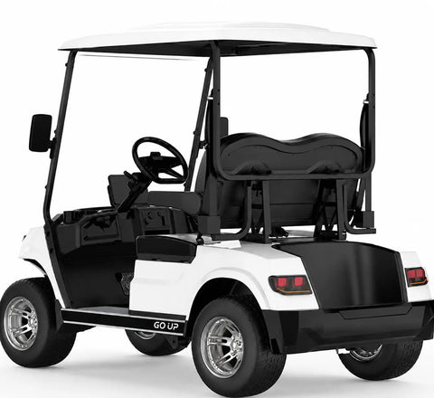 Smooth Ridin Dual Lithium Powered Golf Carts Two Seater With Built In Insulated Coolers Pro Grade Portable Lightweight Beginner Setup For Every Fairway rear view of white golf cart with a black interior and roof.
