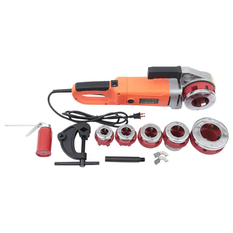 2300w Electric Pipe Threader Machine With Six Dies, orange handheld tool, includes six dies and accessories for plumbing.