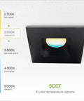 Top Shelf Square Led Recessed Downlights With Slick Integrated Junction Box Hella Bright 7 Watt 5 Way Adjust Color Changing Anti Glare Dimmable Ic Rated Ceiling Lights Matte Black Finish 24 Count showing color temperature options.