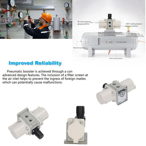 Industrial Grade Pneumatic Booster Pump With Two Times Pressure And Low Heat Operation in usage and detailed view diagrams