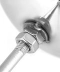 Close-up view of stainless steel float ball valve for water tank automatic water level control with adjustable float durable fittings.