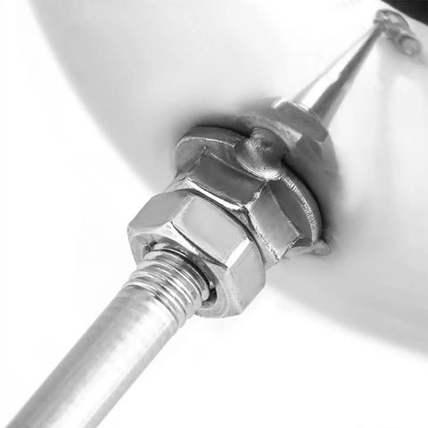 Close-up view of stainless steel float ball valve for water tank automatic water level control with adjustable float durable fittings.
