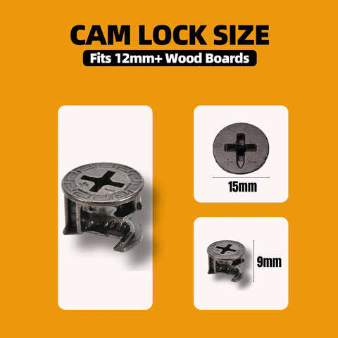 Heavy Duty Cam Locks And Eccentric Furniture Fasteners, 20 Pc Zinc Steel Set, 15mm diameter and 9mm height for wood boards.