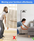 Person lifting couch with difficulty and person sliding couch with 2 Inch Stick On Furniture Sliders 12 Pack Glides For Easy Moving