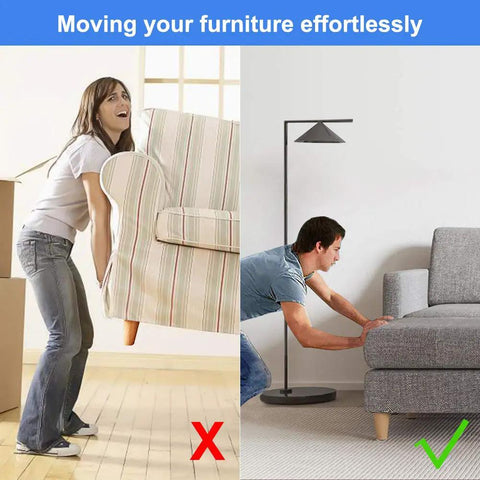 Person lifting couch with difficulty and person sliding couch with 2 Inch Stick On Furniture Sliders 12 Pack Glides For Easy Moving