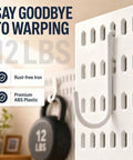 Close-up of Four Pack White Pegboard Wall Organizer Kit With Thirteen Accessories For Wall Mounting In Home Office Garage And Craft Rooms Space Saving Modular Panels Twelve By Twelve Inch For Tools Storage And Hobby Gear Neatly Organized, showing hook and materials.