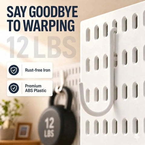 Close-up of Four Pack White Pegboard Wall Organizer Kit With Thirteen Accessories For Wall Mounting In Home Office Garage And Craft Rooms Space Saving Modular Panels Twelve By Twelve Inch For Tools Storage And Hobby Gear Neatly Organized, showing hook and materials.