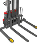 Mechmaxx 3300 Lb Electric Lithium Ion Straddle Stacker With 98 Inch Lift Height And Adjustable Legs Forks 24V Battery Industrial Pallet Handler For Warehouses close-up of forks and lifting mechanism.