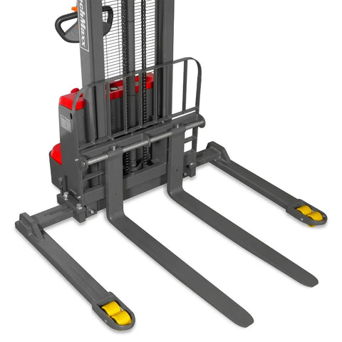 Mechmaxx 3300 Lb Electric Lithium Ion Straddle Stacker With 98 Inch Lift Height And Adjustable Legs Forks 24V Battery Industrial Pallet Handler For Warehouses close-up of forks and lifting mechanism.