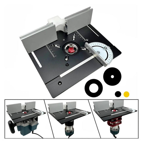 Heavy Duty Aluminum Router Table Insert Plate With Precision Center Guide Bushing Rock Solid Flip Top Woodworking Auxiliary Mounting Base Straight Shooting Black Kit For Weekend Warriors, top view with accessories.