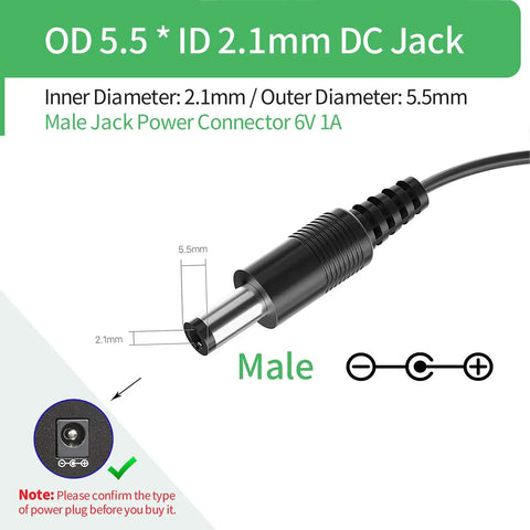 Plug And Play 6V DC 1A Power Adapter From 100-240V AC To 6V DC With 5.5mm X 2.1mm Plug shown with dimensions