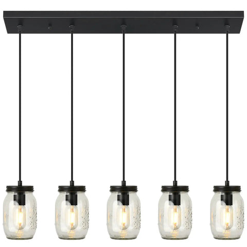Five Light Mason Jar Pendant Lighting Fixture Black Rustic Farmhouse Chandelier with glass jar shades and black canopy