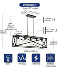 Boss Level Farmhouse Linear Chandelier with Textured Seedy Glass, matte black, adjustable rods, detailed dimensions.