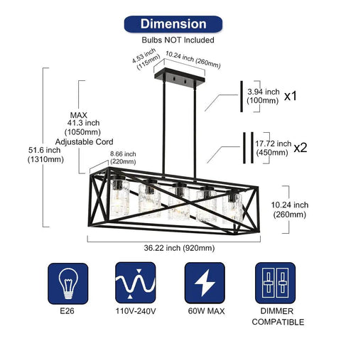 Boss Level Farmhouse Linear Chandelier with Textured Seedy Glass, matte black, adjustable rods, detailed dimensions.