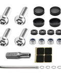 4 Piece Stainless Steel License Plate Screw Set with black caps, washers, bolts, nuts, and wrench for anti-theft installation.