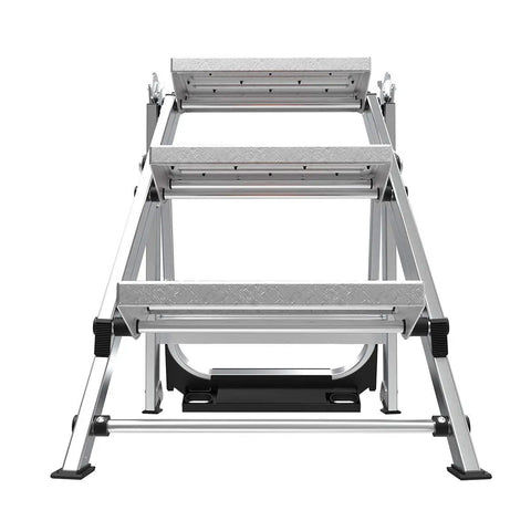 Foldable Three Step Safety Stool With Extra Wide Treads And Rubber Non Slip Grips For Stable Comfortable Indoor Use Perfect For Reaching Cabinets And Shelves And Everyday Home Projects Step Up Your DIY Game. three-step aluminum stool folded front view