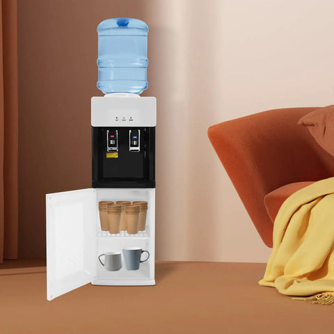 Standing Hot And Cold Water Cooler Dispenser With Top Loading On Demand 5 Gallon Bottle Compatible in a living room setting