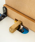 Close-up of Box Joint Router Jig With Precision Indexing For Router Table, showing 3/4 brass indexing key and MDF base.