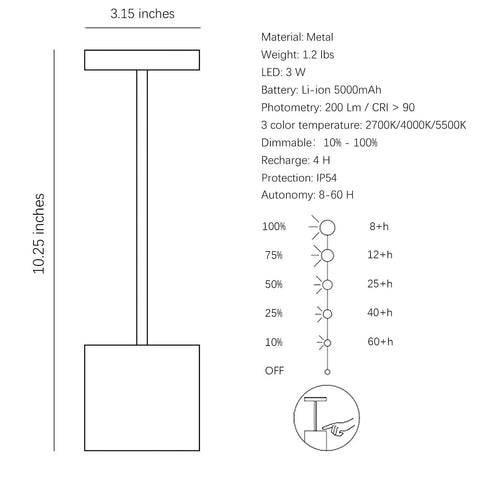 Diagram of Two Pack Cordless Rechargeable Table Lamps with 5000mAh Battery, 3 Color Temperatures, Stepless Dimming, IP54 Waterproof
