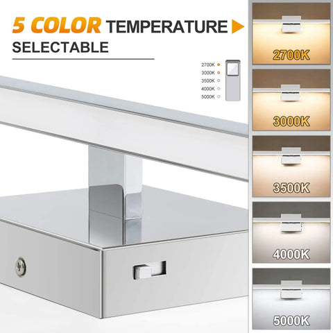 Chrome 23.6 Inch LED Vanity Light Over Mirror, 14W Dimmable Fixture With 5 CCT Settings, modern design base and temperature settings
