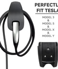 Slick Wall Mount Charging Cable Organizer For Tesla With Beefy Chassis Bracket And Tight Grip Power Cord Holder For Model 3 Model Y Model S Model X Garage Setup Matte Black, showcasing cable holder and cord.