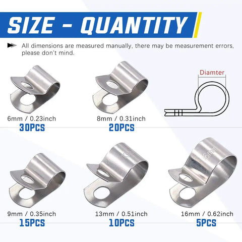 Beefy Stainless Steel Cable Clamp Set 80 Pcs in five sizes with 6mm, 8mm, 9mm, 13mm, 16mm dimensions shown with quantities.