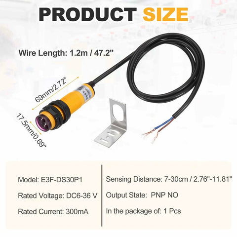 E3F DS30P1 Photoelectric Sensor with mounting bracket, 7-30 cm detection range, PNP NO output, yellow M18 housing, DC 6-36 V