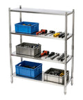 Heavy Duty Stainless Steel Garage Shelves With Adjustable Height And Built Like A Tank Design Supporting 330 Pounds Per Shelf, organized tools and bins.