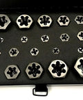 20 Piece Hexagon Rethreading Die Set With Right Hand Threads In Metal Case displayed in open case showing various die sizes.