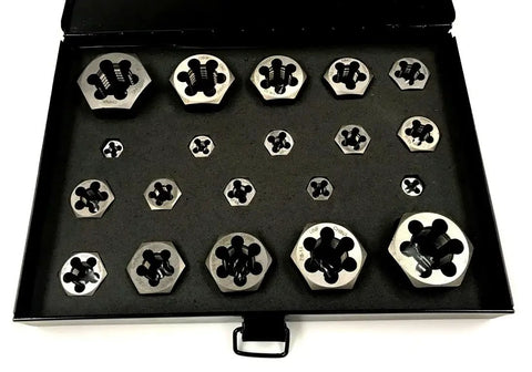 20 Piece Hexagon Rethreading Die Set With Right Hand Threads In Metal Case displayed in open case showing various die sizes.