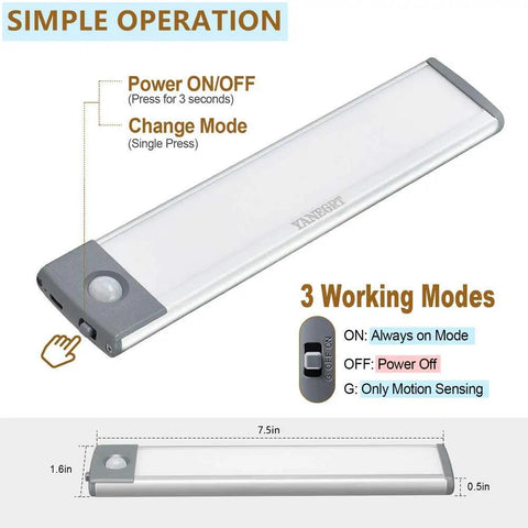 Two Pack 54 LED Under Cabinet Lights 12.5 Inch Wireless Motion Sensor Light 7000K Cool White USB C Rechargeable 2200mAh Magnetic Mount with power and mode options displayed.