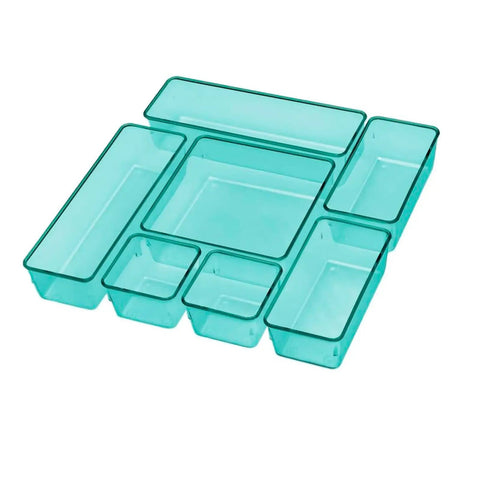 Modular Drawer Organizer Set With Seven Bins In Four Sizes For Office Home Makeup And Kitchen Clear Green Plastic Storage Trays