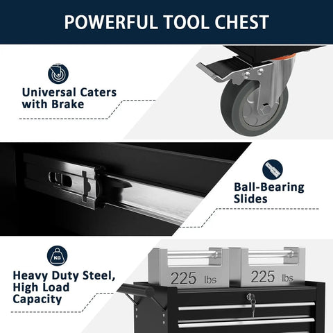 Close-up of 7-Drawer Rolling Tool Chest With Locking System, highlighting wheel, ball-bearing slides, and 225 lbs steel capacity.