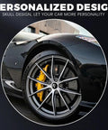 Premium Skull Wheel Center Caps 4 Pack Universal 2.2 Inch Aluminum Hub Covers on a car wheel with yellow brake caliper.