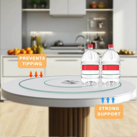 23 inch tempered glass lazy susan turntable with silent rotation, serving tray showing strong support and preventing tipping.