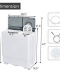 Straight Up A Smooth Portable Washing Machine With Twin Tub Layout, showing dimensions and features like 18 lb washer, 8 lb spinner.