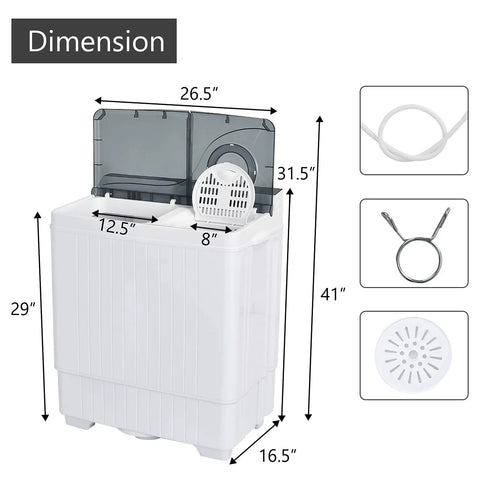 Straight Up A Smooth Portable Washing Machine With Twin Tub Layout, showing dimensions and features like 18 lb washer, 8 lb spinner.