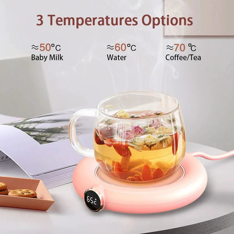 Keep Your Daily Brew Piping Hot On This Stylish Electric Coffee Mug Warmer Offering Three Custom Heat Levels Plus An Eight Hour Auto Shut Off Feature Tailored For Chill Home Or Hustling Office Environments with a steaming tea cup.
