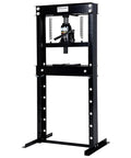 20 Ton Hydraulic H Frame Shop Press with Adjustable Table and Stamping Plates for Auto Repair DIY Friendly Garage Projects and Metalworking Heavy Duty Bearing Removal and U Joint Install Straightening, black metal frame, front view.